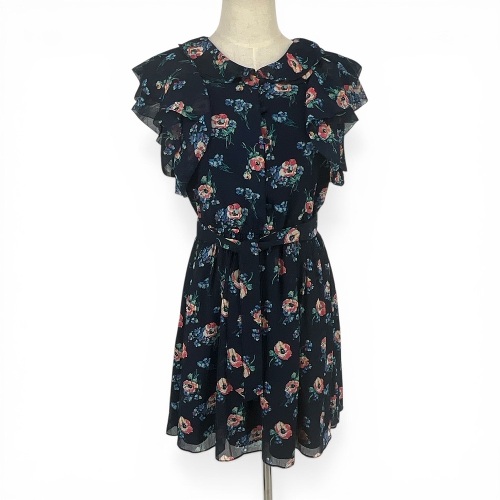 Polo Ralph Lauren Navy Floral Chiffon‎ Ruffle Dress Peter Pan Collar Size 14